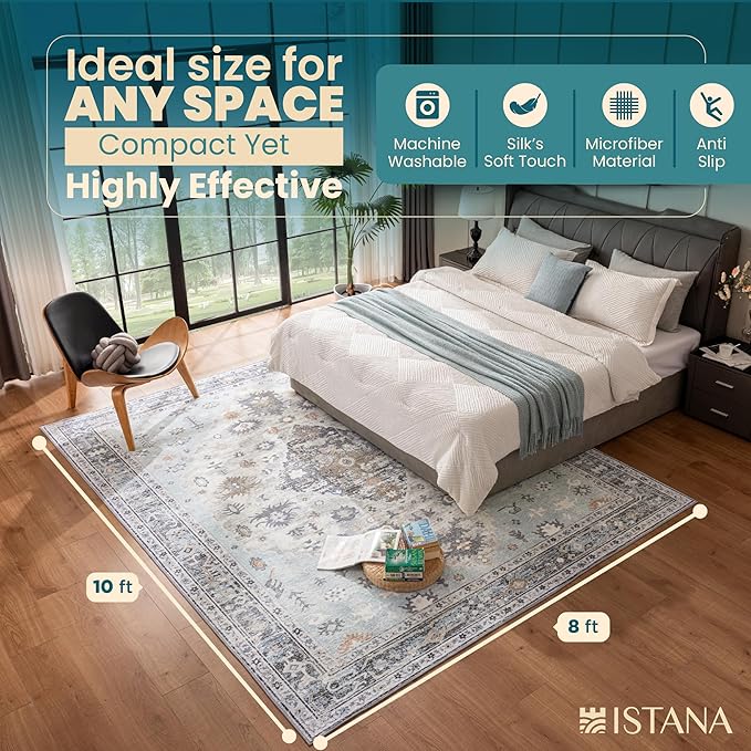 Istana 8x10 Area Rug - Blue 8x10 Rugs for Living Room - Foldable Rugs for Bedroom - Stain Resistant Washable Rug - Eco-Friendly Area Rugs - Easy to Clean Living Room Rug
