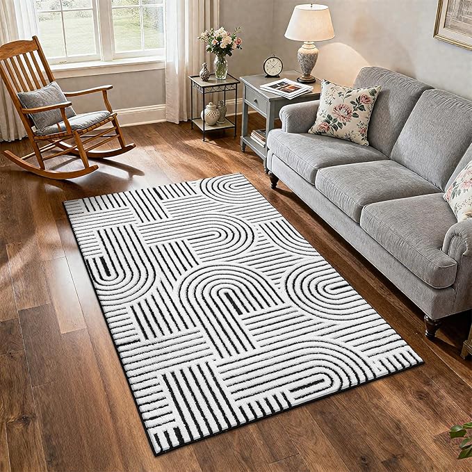 SHACOS Soft Cozy Fluffy Arch Pattern High Low Pile Rugs 4'x6' Non Slip Washable Scandinavian Minimalist Rug Modern Geometric Arc Carpet for Living Room Bedroom Dining Room, Black White