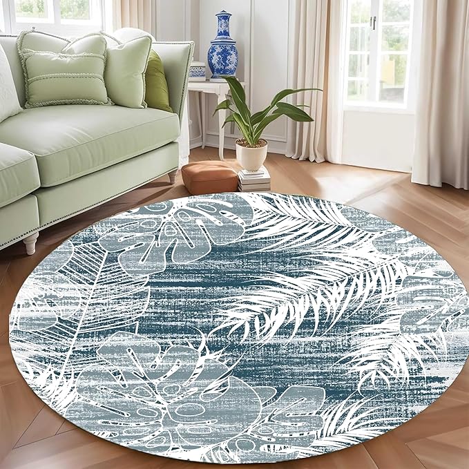 Washable Round Rug 4ft - Blue Tropical Botanical Pattern, Non-Slip Low Pile No Shedding Carpet, Soft Flannel Feel Rug for Living Room, Bedroom, Bathroom，Indoor Use