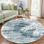 Washable Round Rug 4ft - Blue Tropical Botanical Pattern, Non-Slip Low Pile No Shedding Carpet, Soft Flannel Feel Rug for Living Room, Bedroom, Bathroom，Indoor Use