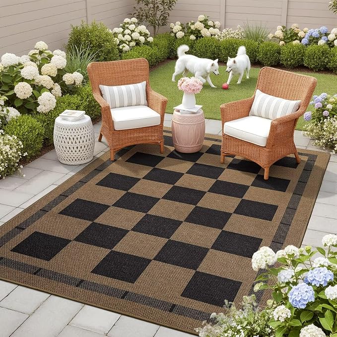 Vasofe 3x5 Plaid Rug, Jute Rugs, Washable Outdoor Indoor Checkered Carpets, Entryway Bedroom Potio Porch Kitchen Carpet, Non Slip Farmhouse Neutral Office Laundry Floor Mat, Black and Brown