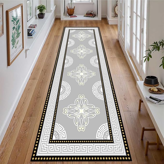 Boho Long Runners Carpet, 2x8ft, Modern Geometric Bohemian Print with Greek Key Grey Long Hallway Rug, Low-Profile Non Slip Rubber Backed Flat Rugs for Relax Room Entryways