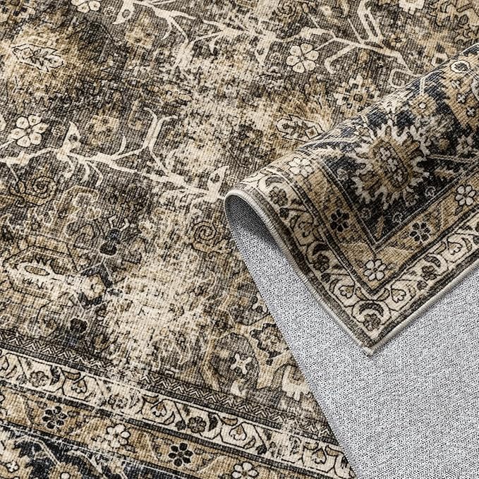 Vintage Area Rug 3x5 Brown Entryway Office Washable Carpet Non Slip Bedroom Indoor Living Room Door Mat Low Pile Traditional Distressed Retro Accent Rug for Dining Room Bathroom Kitchen