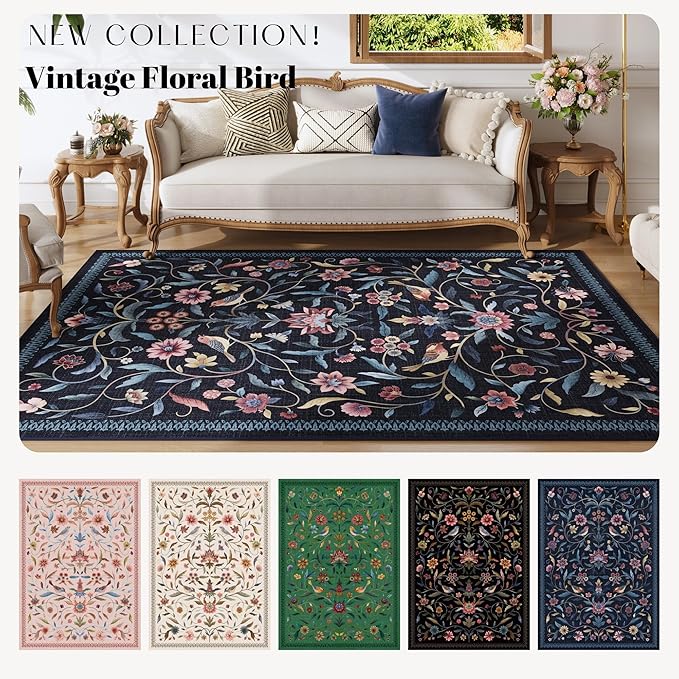 Vintage Medallion Floral 4x6 Rug, Machine Washable Non-Slip Area Rug, Low Pile Soft Carpet for Entry, Living Room, Office, Kids, Girl/Boys Room | Blue