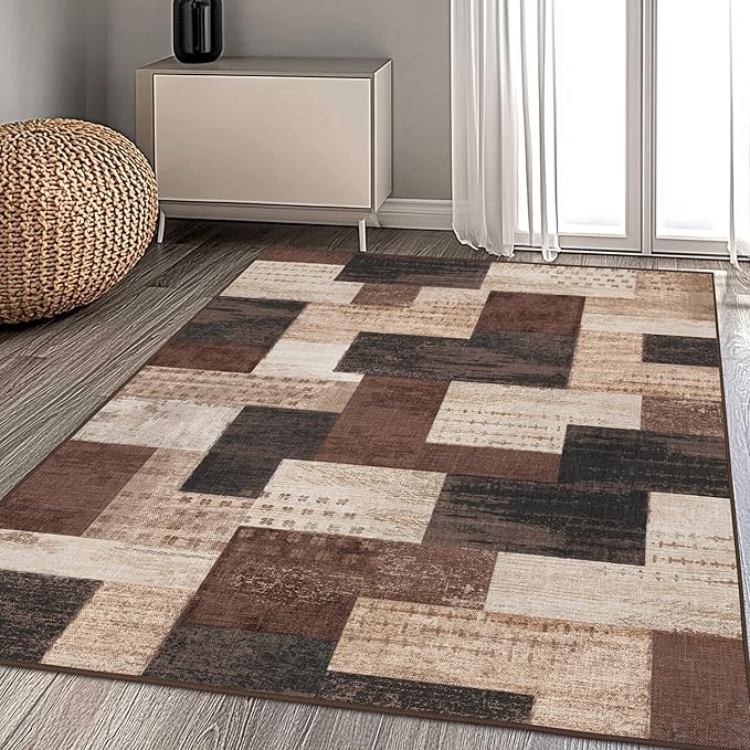 Modern Geometric Patchwork Indoor Area Rug for Living Room, Chocolate 4'x 6' Large Rug Rockwood Collection Hardwood Floors Decor for Bedroom, Brown Throw Carpet for Office Entryway Dining Room
