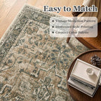 Vintage Distressed 5x8 Area Rugs for Living Room Bedroom, Low Pile Machine Washable Non Slip Dining Room Carpet Rugs for Under Table/Home Office/Kitchen, Printed Multi Brown/Slate Green