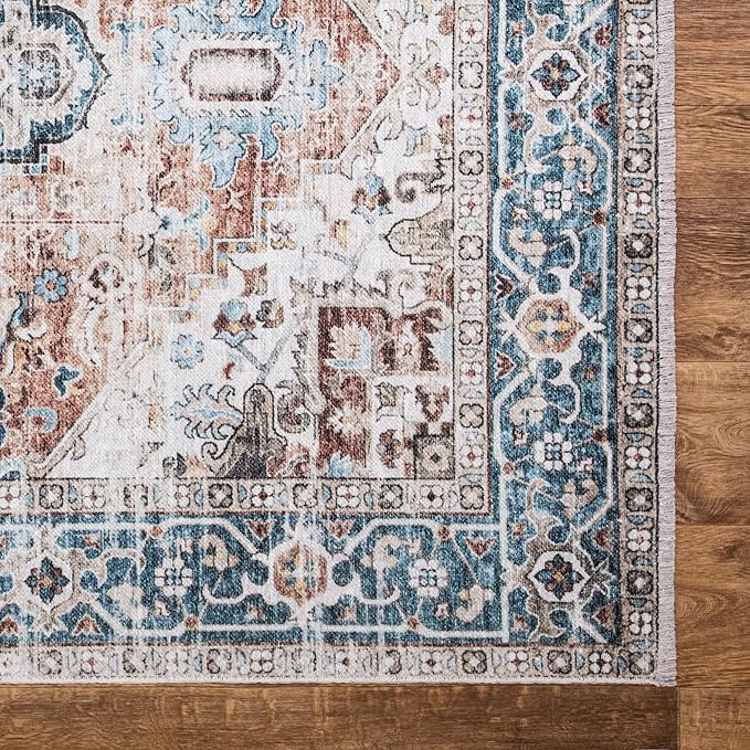 Bloom Rugs Washable Non-Slip 10x14 Rug - Terracotta/Blue Traditional Oriental Area Rug for Living Room, Bedroom, Dining Room, and Kitchen - Exact Size: 10' x 14'
