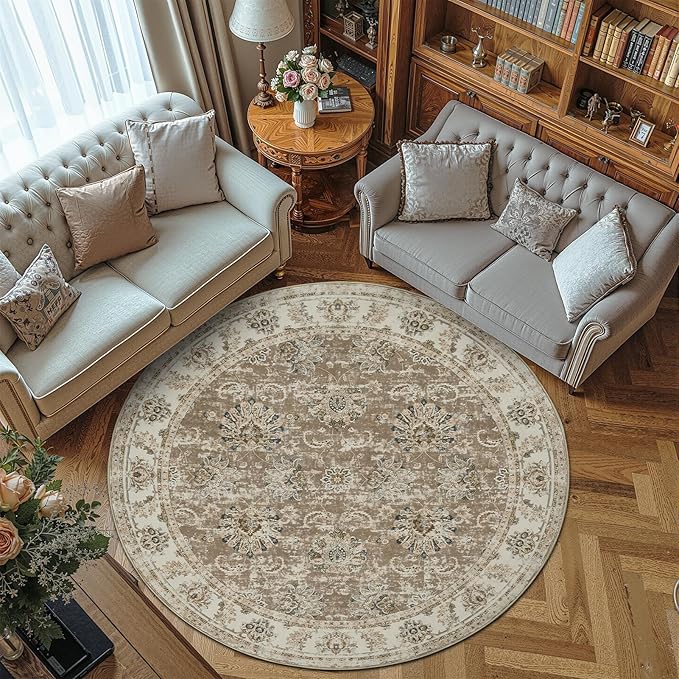 jinchan Fiora Round Rug 7ft Area Rug - Taupe Vintage Floor Mat Indoor Ultra-Thin Soft Floral Print - Washable Circle 7' Retro Accent for Farmhouse Non Slip Dining Room Living Room Bedroom Office