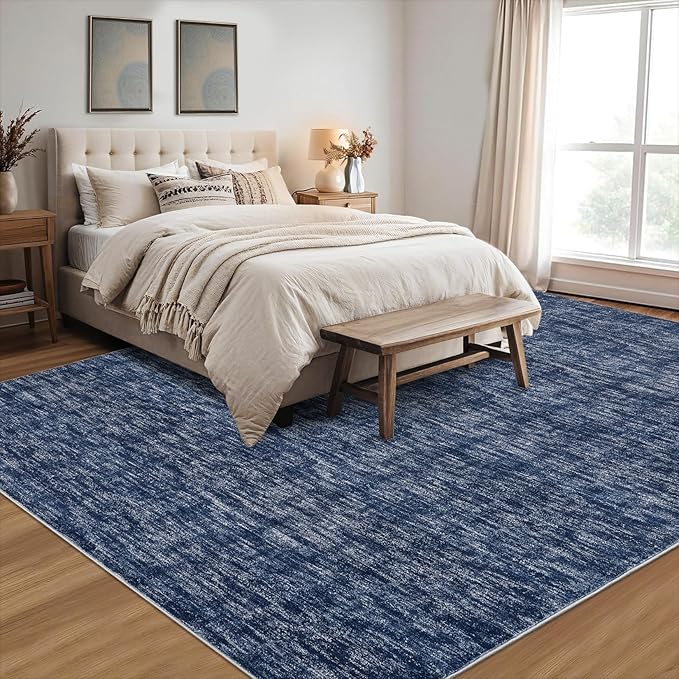RUGSREAL Washable Area Rug for Bedroom 5x7 Contemporary Dining Room Throw Rug Low-Pile Solid Modern Rug Non-Slip Stain Resistant Home Office Solid Rug for Living Room Bedroom Kids Room, 5' x 7' Blue