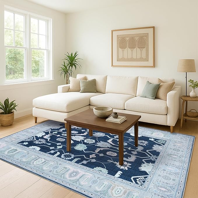 Fame Living Navy Blue Oushak Runner Rug, Modern Runners, Vintage, Turkish, Eclectic, Floral, Pastel, Washable, Long Runner Rugs for Hallway, Kitchen, Living Room, Bedroom, Kitchen, Bathroom, 2'5"x13'