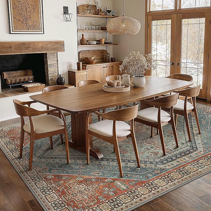 Bavni Washable Rug 8x10 Area Rug for Living Room Bedroom Dining, Washable Vintage Print Carpet, Ultra-Thin Chenille Low Pile Lightweight Rug with Non Slip Backing, Light Red/Blue