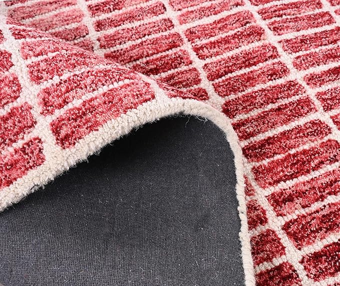 Hand-Tufted 100% Wool Area Rug – Unique Modern Geometric Grid Pattern, Soft Plush Textured Carpet for Living Room, Bedroom, Dining Room & Entryway (Brick Red, 10' x 14')