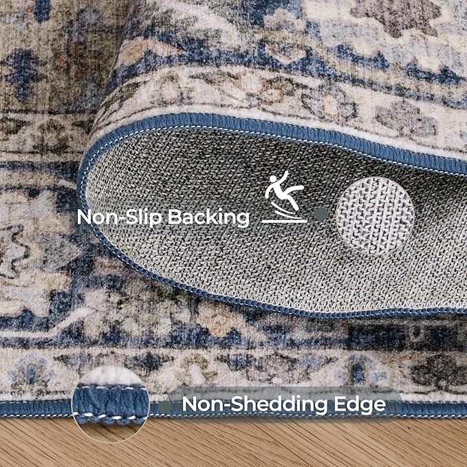 Kokia 4x6 Washable Area Rugs Blue with Vintage Orient Design Rug, Soft Rug for Living Room or Bedroom, Non-Slip Low Pile Stain Resistance Features, Distressed Medallion Pattern