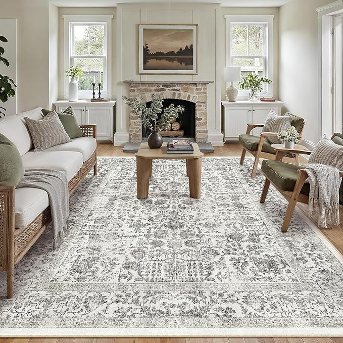 Black Area Rug 6x9 Machine Washable Vintage Living Room Distressed Non Slip Carpet Traditional Indoor Bedroom Retro Floral Accent Throw Large Rug for Office Kitchen Dining Room