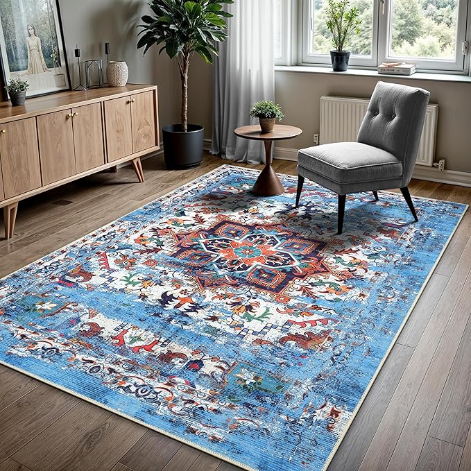 GLN Rugs Traditional Collection - Machine Washable Area Rug, Traditional Washable, Non Slip, Low Pile Chenille Rug, Living Room, Bedroom, Kitchen Rug (5' x 7' Blue/Multicolor)