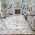 HUGEAR Area Rug 8x10 Vintage Grey Machine Washable Living Room Rugs Thin Neutral Floral Vacuumable Low Pile Carpet Bedroom Office Dining Room Laundry Room Non Slip Soft Lightweight