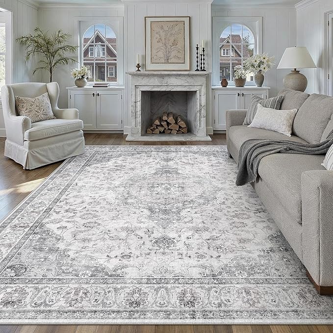 HUGEAR Area Rug 6x9 Vintage Grey Machine Washable Living Room Rugs Thin Neutral Floral Vacuumable Low Pile Carpet Bedroom Office Dining Room Laundry Room Non Slip Soft Lightweight