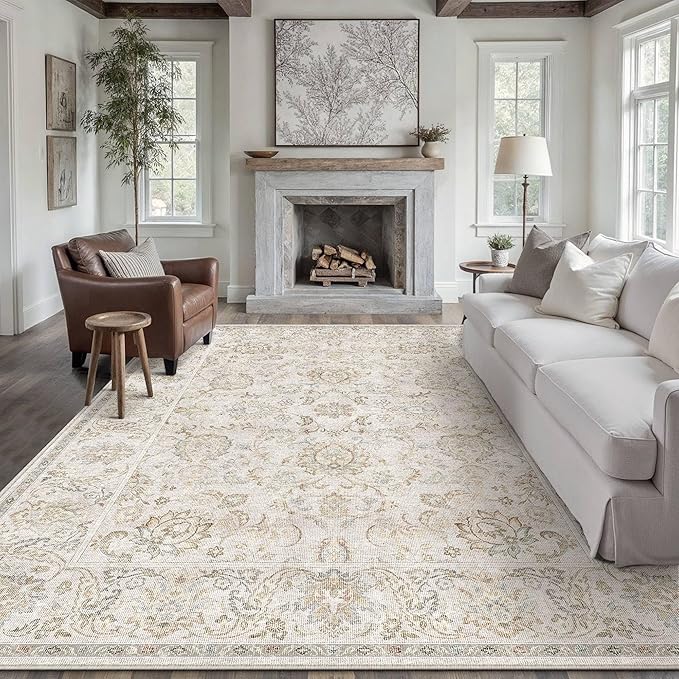 HUGEAR 8x10 Machine Washable Area Rugs Vintage Grey - Neutral Living Room Bedroom Rug Non Slip Stain Resistant Low Pile Aesthetic Throw Carpet Kids & Pet Friendly