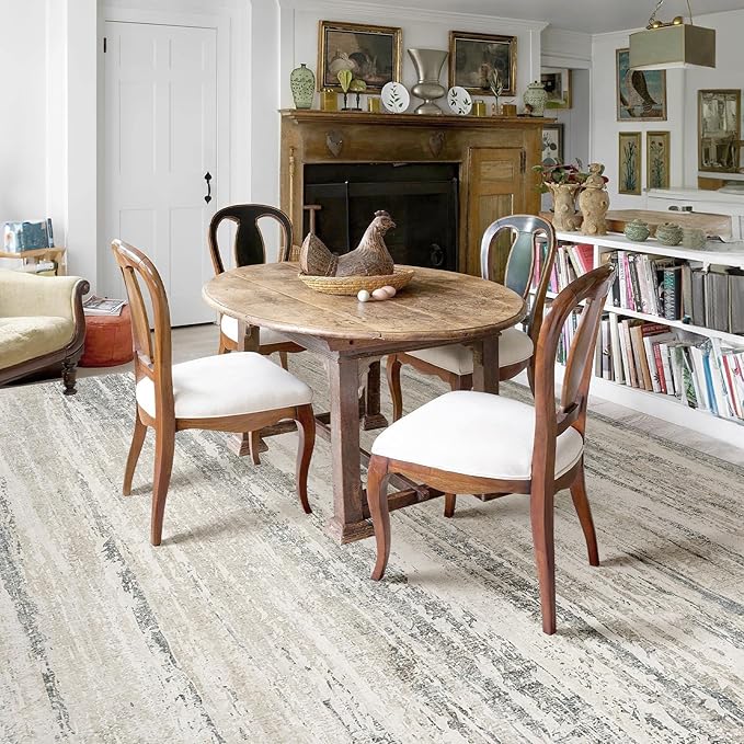 MUJOO 9x12 Area Rug,Washable Rugs for Living Room Bedroom Dining Room,Modern Abstract Large Non Slip Throw Carpet Indoor,Low Pile Accent Neutral Beige and Grey