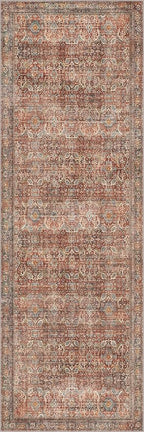 2x6 Runner Rug Machine Washable Boho Runners for Hallway,Ultra-Thin Low Pile Rug,Lightweight Indoor Carpet,Non Slip Floral Runners for Enrtyway, Corridor, Home Office, Kitchen,Terracotta/Indigo