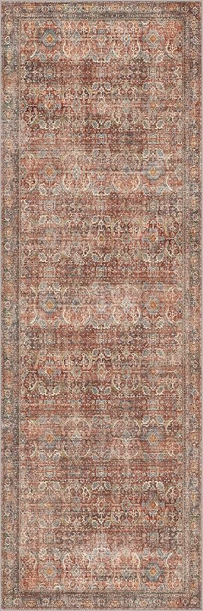 2x6 Runner Rug Machine Washable Boho Runners for Hallway,Ultra-Thin Low Pile Rug,Lightweight Indoor Carpet,Non Slip Floral Runners for Enrtyway, Corridor, Home Office, Kitchen,Terracotta/Indigo