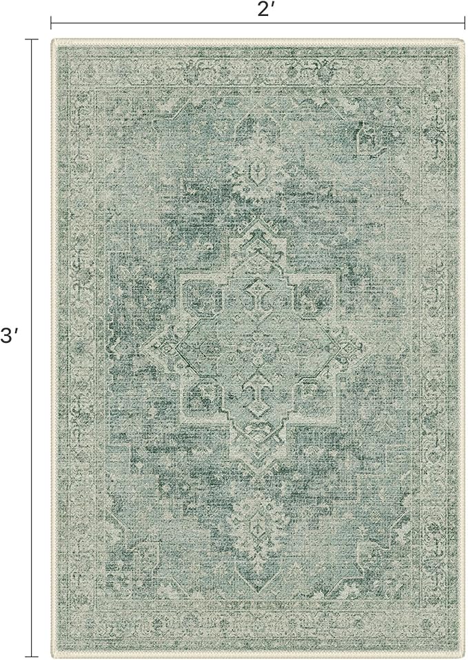 Area Rug 2x3 Doormat, Machine Washable Low Pile Vintage Rugs, Small Lightweight Rug Entryway Indoor Mat for Entrance, Hallway, Kitchen and Corridor, Green