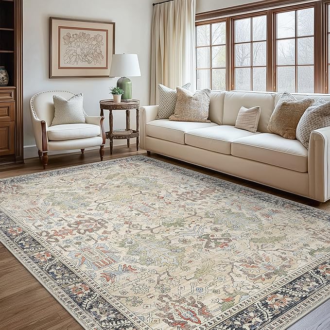 Clearance 10x14 Area Rugs for Living Room, Boho Machine Washable Rugs Non-Slip, Extra Lage Vintage Rugs for Bedroom Dinning Room, Morden Vintage Floral Farmhouse Cottage Carpet, Ivory/Teal