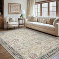 Bavni 5x7 Washable Area Rug Clearance for Living Room Rug Bedroom, Non-Slip, Boho Vintage Rugs Chenille Printed Low Pile for Dinning Room Homeoffice, Ivory/Teal