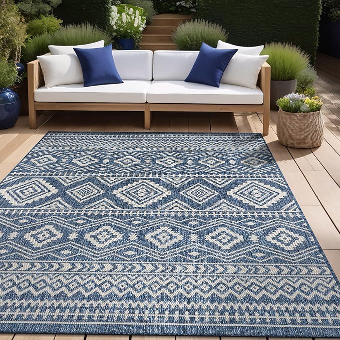 Beverly Rug Waikiki Boho Indoor Outdoor Rug 9x12, Washable Outside Carpet for Patio, Deck, Porch, Bohemian Area Rug, Farmhouse Rugs, Aztec Tribal Rug, Azure and White
