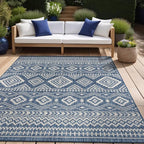 Beverly Rug Waikiki Boho Indoor Outdoor Rug 6x9, Washable Outside Carpet for Patio, Deck, Porch, Bohemian Area Rug, Farmhouse Rugs, Aztec Tribal Rug, Azure and White