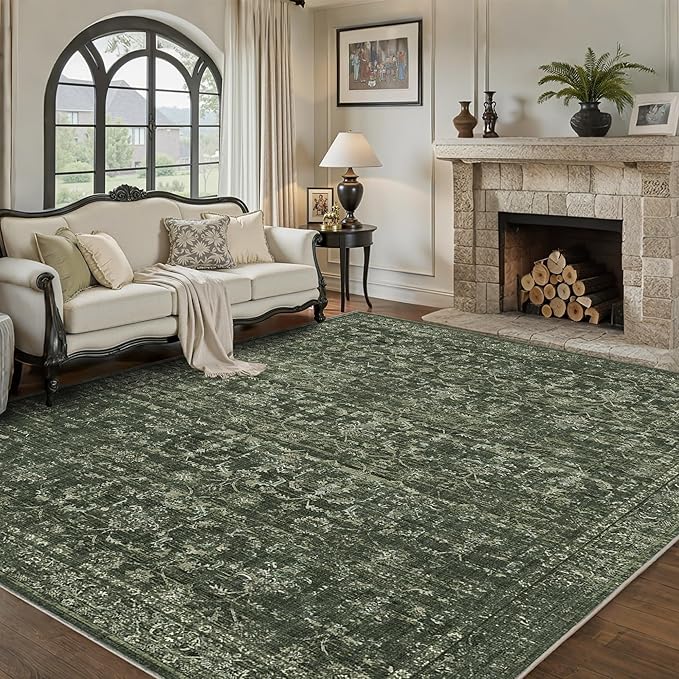 Washable Area Rug 8x10 Green Rugs for Living Room, Vintage Boho Large Rug for Bedroom Dining Room Office, Distressed Floral Print Carpet for Under Table, Soft Non Slip Low Pile Throw Carpet Indoor Mat
