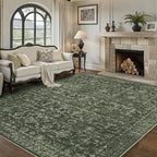 Washable Area Rug 9x12 Green Rugs for Living Room, Vintage Boho Large Rug for Bedroom Dining Room Office, Distressed Floral Print Carpet for Under Table, Soft Non Slip Low Pile Throw Carpet Indoor Mat
