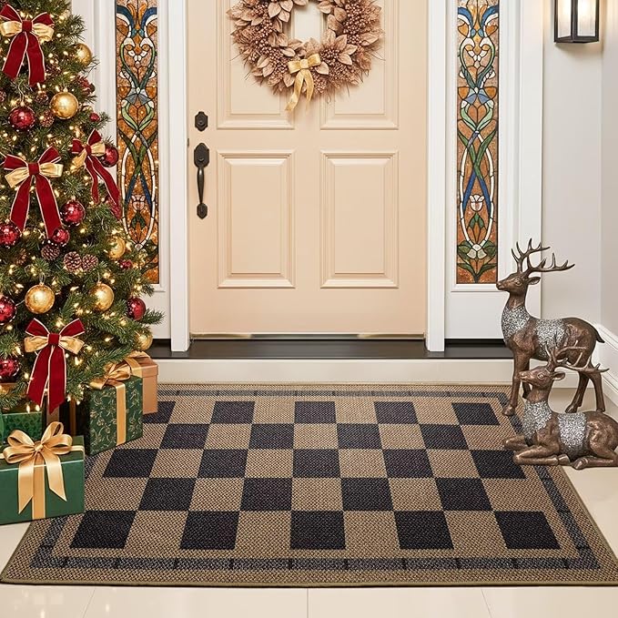 Vasofe Washable Small Entry Rug, 2x3 Checkered Jute Rugs Outdoor Indoor Front Door Mat, Non-Slip Bedroom Entrance Doorway Kitchen Mats, Plaid Farmhouse Porch Carpet, Black and Brown