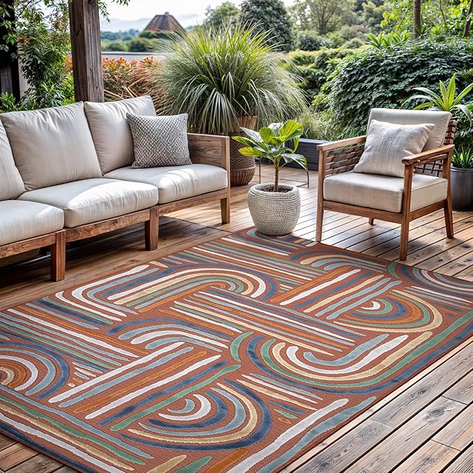 CAMILSON Indoor Outdoor Rug, Orange 9x12 Geometric Arch Striped Large Area Rugs for Patio and Home Areas, Easy-Cleaning Non-Shedding Living Room, Garden and Deck Washable Outside Carpet (9 x 12)