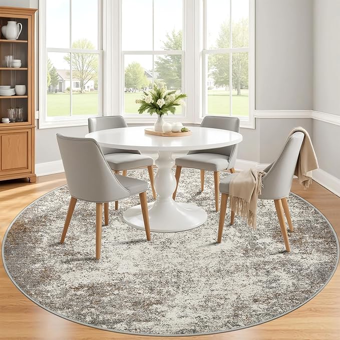 8ft Washable Round Rug - 8x8 Area Rugs Modern Abstract Rugs for Living Room Non-Slip Low Pile Soft Machine Washable Carpet for Bedroom, Living Room, Dining Room, Nursery, Farmhouse (8'x8' Brown Grey)