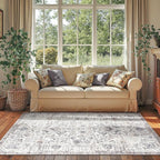 jinchan Kalen Area Rug 4x6 Washable Bedroom Rug Vintage Indoor Thin Floor Cover Retro Accent Mat Distressed Gray Floral Country Boho Non Slip Carpet for Living Room Kitchen Dining Room Office Grey