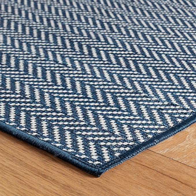 Dash & Albert Herringbone Navy Machine Washable Rug, 7.5 X 9.5 Feet, Blue Geometric Pattern