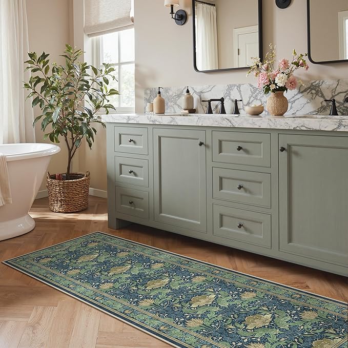 Bavni 2'6''x8 Runner Rug,Microfiber Washable Non-Slip Vintage Floral Rugs,Low Pile Lightweight Carpet for Bedroom,Hallway,Entryway,Kitchen,Bathroom, Tea Green/Blue