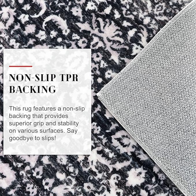 Vintage Entryway Rug 2x3 Washable, Black and White Kitchen Rug, Super Soft Thin Faux Wool Small Area Rug, Non-Slip Accent Mat for Foyer, Bedroom, Office