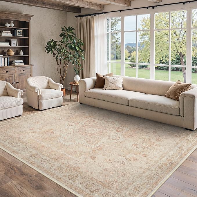 8x10 Area Rugs for Living Room, Machine Washable Non Slip Vintage Rugs, Low Pile Lightweigt Print Indoor Rug for Bedroom, Dining Room, Home Office, Pink