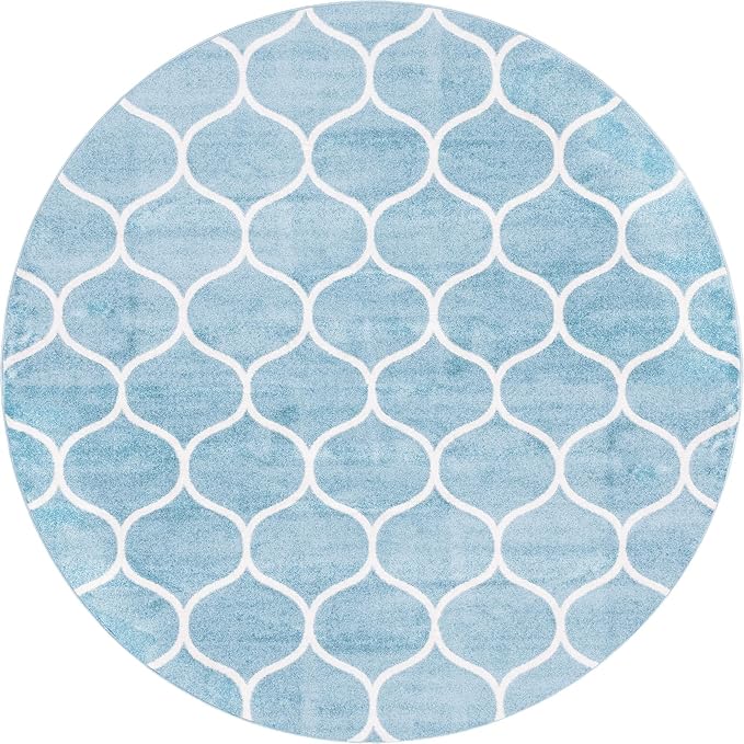 Rugs.com Lattice Frieze Collection Rug – 8' Round Light Blue Medium Rug Perfect for Kitchens, Dining Rooms