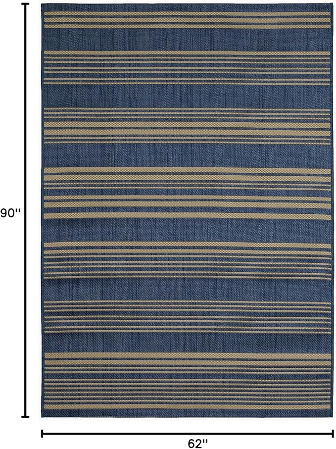 FH Home Outdoor Rug - Waterproof Easy to Clean Stain Resistant - Patio Indoor Outdoor Porch Deck Balcony Entryway - Striped Coastal - Newport - Blue - 5ft 2in x 7ft 6in