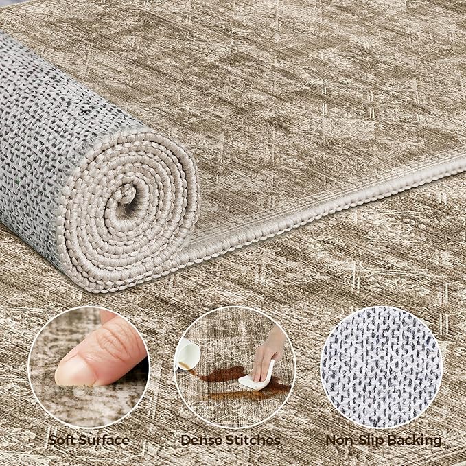 WITSHOCK 9x12 Area Rugs for Living Room: Machine Washable Non Slip Modern Abstract Carpet - Low Pile Print Rug for Bedroom Dining Room - Stain Resistant for Household - Pet Owners (Earthy Brown)