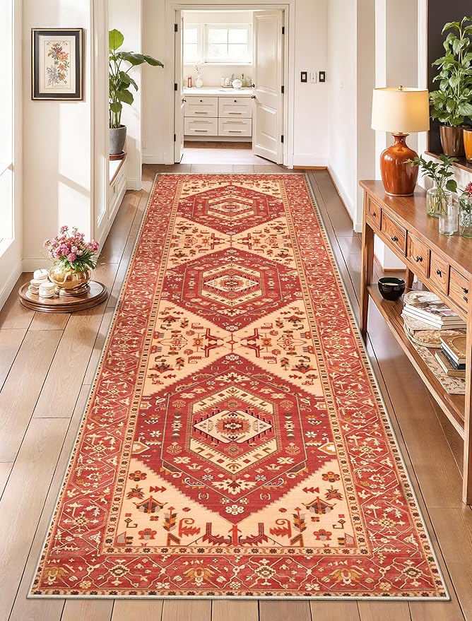 SERISSA Runner Rug for Hallways, 2'6"x8' Washable Non Slip Kitchen Runner Rug, Long Boho Rug Vintage Red Beige Hallway Stair Ultra Soft Print Floor Carpet for Bedroom Bathroom Laundry Room