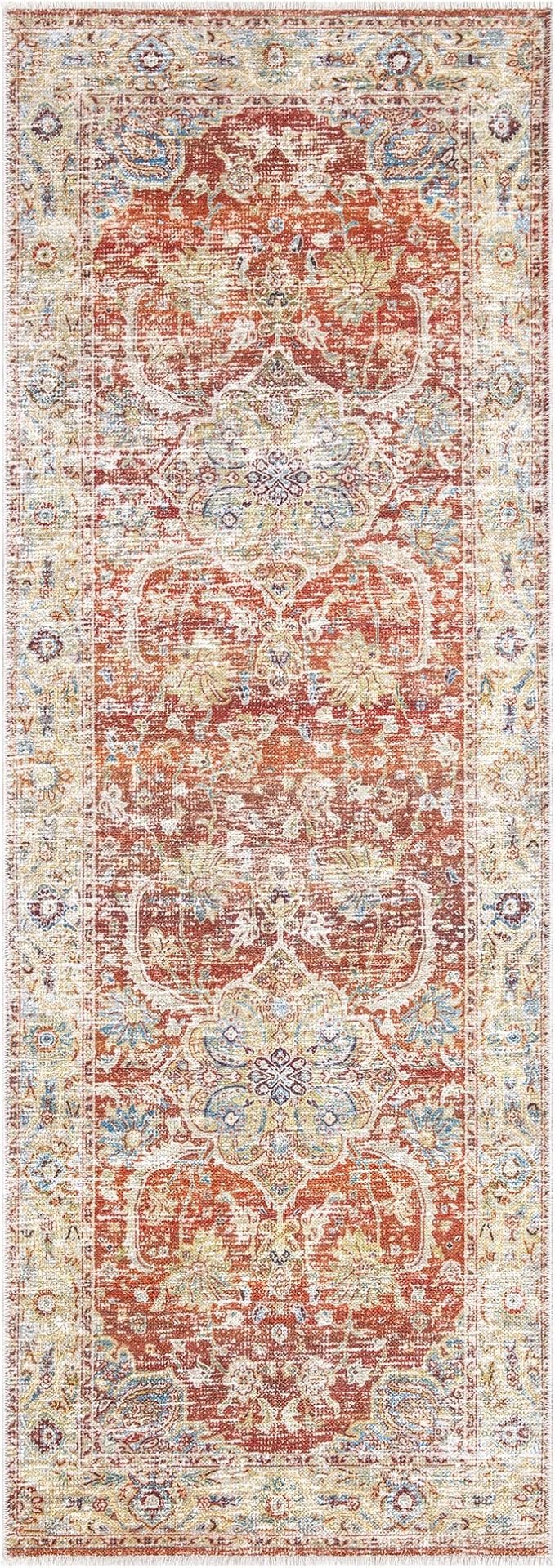 Bloom Rugs Caria Washable Non-Slip 10 ft Runner - Orange/Olive Beige Traditional Runner for Entryway, Hallway, Bathroom, and Kitchen - Exact Size: 2'6" x 10'