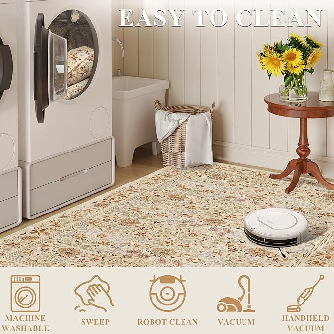 DOKINO 2x10 Runner Rug for Hallway, Vintage Washable Long Kitchen Rug with Low Pile Design, Floral Non Slip Soft Carpet Runner for Hallway, Kitchen, Bathroom, Bedroom, Beige