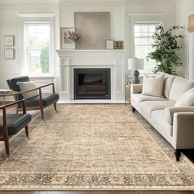 5x7 Beige Washable Rug for Living Room Large Vintage Distressed Bedroom Rug Low Pile Non-Slip Soft Boho Carpets for Bedroom Dining Room Home Office Indoor Nursery