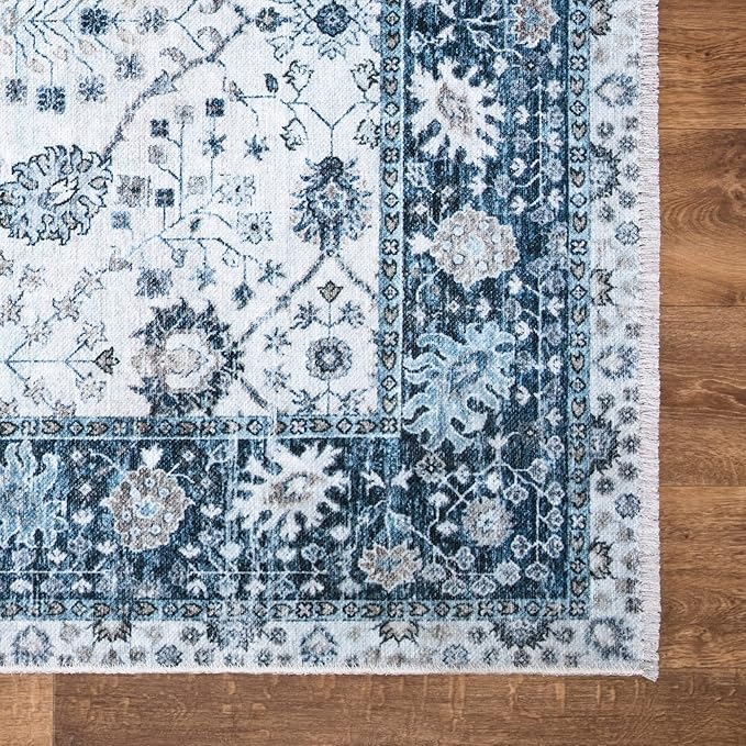 Bloom Rugs Caria Washable Non-Slip 9x12 Rug - Navy Blue Traditional Bordered Area Rug for Living Room, Bedroom, Dining Room, and Kitchen - Exact Size: 9' x 12'