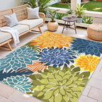 Colorful 6x9 Outdoor Area Rug Washable Multicolored Patio Rug Tropical Botanical Floral Chenille Waterproof Outdoor Carpet Non-Slip for Patio, Deck, Backyard, Porch, Green