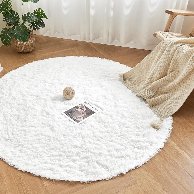Andency White Round Area Rug for Bedroom, Soft Shag Circle Rug 6x6 for Room, Fluffy Faux Fur Carpet for Home Decor, Circular Fuzzy Plush Rug for Living Room, Playroom